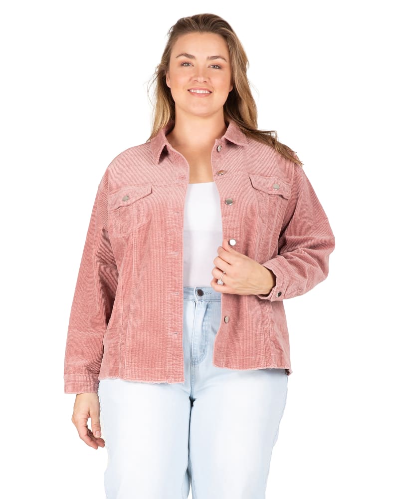 Front of a model wearing a size L Jasmine Corduroy Jacket in Mauve by Standards & Practices. | dia_product_style_image_id:280833